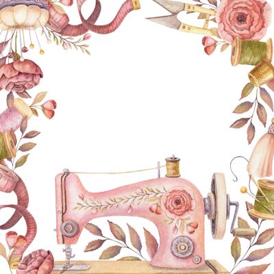 Square frame with watercolor sewing machine and copy space. Hand drawn vintage floral template with measuring tape and thread spool. Perfect for tailor logo and romantic card and invitation design.