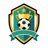 A soccer ball and cup on a green shield with a ribbon vector