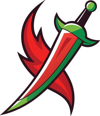 A red and green sword with a red and green flame on it