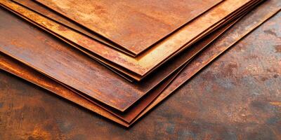 Stacked rusty metal sheets with textured surface concept of industrial material photo