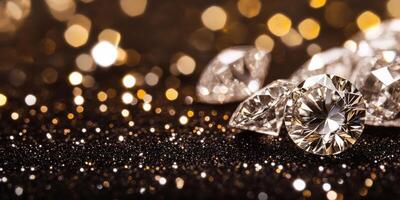 Elegant close-up of sparkling diamonds on shimmering background with bokeh lights photo