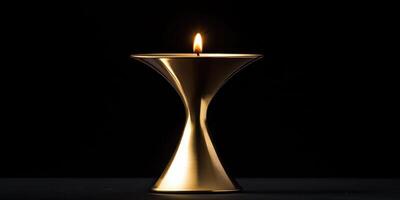Elegant golden candle holder with lit candle against dark background concept photo