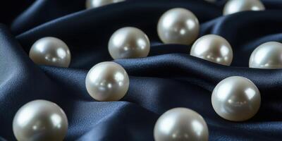 Elegant pearls resting on smooth blue satin fabric, luxury and sophistication concept photo