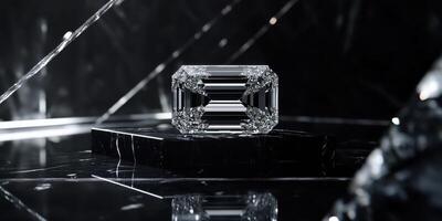 Stunning crystal clear diamond on reflective black marble surface in elegant setting photo