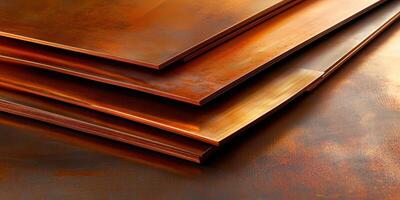 Stacked copper sheets with reflective surface in industrial setting photo