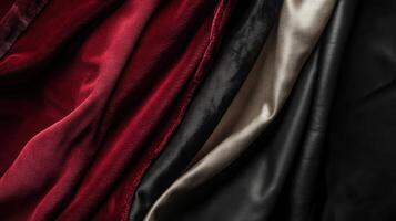 Luxurious stack of velvet and silk fabrics in rich red and black tones photo