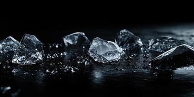 Raw crystal stones on black reflective surface in low light photo