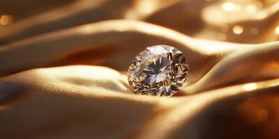 Sparkling diamond on golden silk fabric reflecting light and luxury concept photo