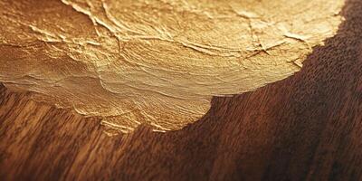 Textured gold leaf on rich wooden surface capturing elegance and luxury photo