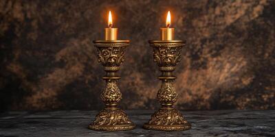 Elegant vintage brass candle holders with lit candles on rustic background photo