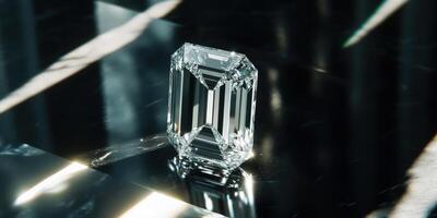 Sparkling emerald cut diamond on reflective black surface with light reflections photo