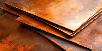 Stacked copper sheets with rustic texture for industrial design and artistic projects photo