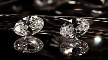Sparkling diamonds reflecting light on glossy black surface for jewelry concept photo