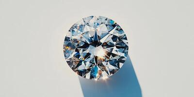 Brilliant cut diamond with intricate facets reflecting light against a plain background photo