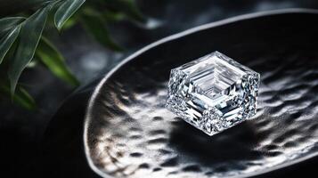 Stunning geometric crystal on textured surface with soft green foliage concept photo
