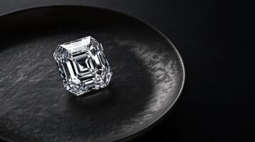 Luxurious emerald-cut diamond on elegant black ceramic plate display photo