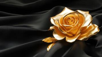 Elegant golden rose on luxurious black silk fabric for sophisticated decor concept photo