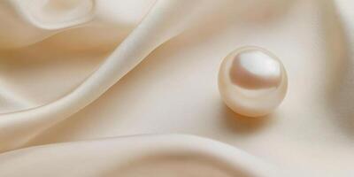 Elegant pearl resting on luxurious cream silk fabric creating a sophisticated aesthetic photo