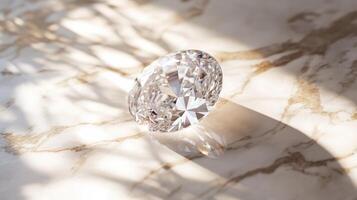 Sparkling diamond reflecting light on marble surface with intricate patterns photo