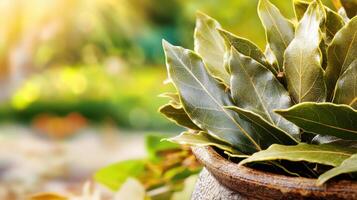 Bay Leaves In Rustic Bowl With Blurred Garden Background. Fresh Herbs For Culinary And Medicinal Use photo