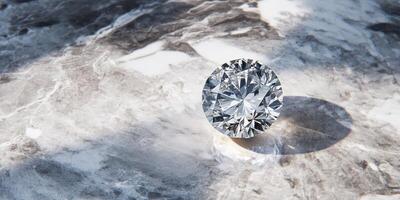 Shimmering diamond on marble surface captured in natural sunlight reflection photo