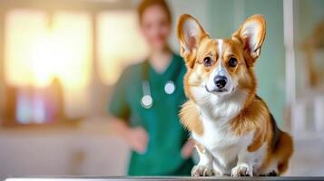 Corgi Dog At Veterinary Clinic With Veterinarian In Background. Pet Health Checkup And Care photo