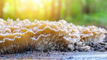 Close-Up Of Dew-Covered Mushroom Gills In Forest. Nature'S Intricate Beauty And Morning Freshness photo