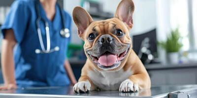Happy French Bulldog At Veterinary Clinic With Veterinarian. Dog Receiving Care And Attention During Checkup photo