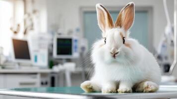 White Rabbit Sitting On Examination Table In Veterinary Clinic. Rabbit Receiving Medical Care In Professional Setting photo