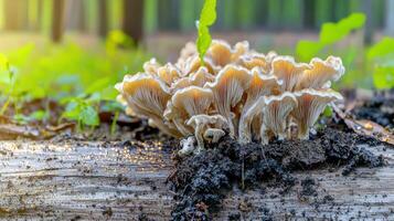 Mushrooms Growing On Decaying Log In Forest. Fungi Thriving In Natural Woodland Environment photo