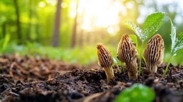 Three Morel Mushrooms Growing In Forest Soil With Sunlight. Nature'S Bounty In A Serene Woodland Setting photo
