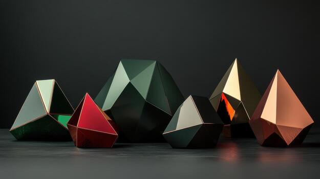 Geometric shapes in multicolored metallic tones against a dark background reflecting modern design photo