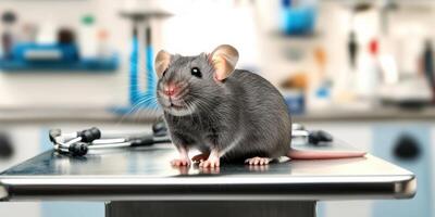 Mouse On Veterinary Examination Table In Clinical Setting. Animal Health Checkup And Research Environment photo
