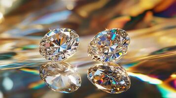 Radiant pair of shimmering diamonds with colorful light reflections photo