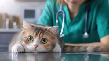 Cat At Veterinary Clinic With Vet In Green Scrubs. Feline Health Checkup And Care photo