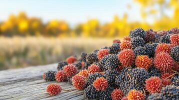 Colorful Berries On Wooden Surface With Blurred Autumn Background. Nature'S Harvest In Vibrant Fall Setting photo