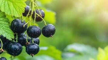 Black Currants With Water Droplets On Green Leaves In Sunlight. Fresh And Organic Fruit In Natural Garden Setting photo