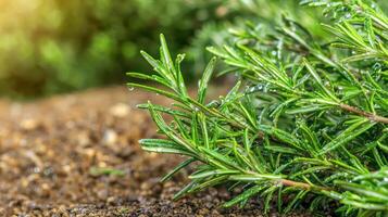 Fresh Rosemary Herb With Dew Drops In Garden. Aromatic Plant In Natural Setting photo