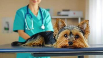 Yorkshire Terrier On Veterinary Exam Table With Vet In Background. Pet Health Checkup And Care photo