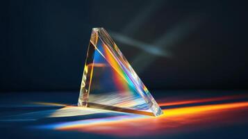 Glass prism reflecting colorful light spectrum in dark room for optical concept photo