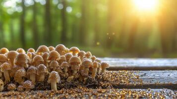 Mushroom Cluster On Forest Floor With Sunlight Filtering Through Trees. Nature'S Beauty And Growth In Serene Woodland Setting photo