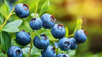 de cerca de Fresco arándanos con agua gotas en verde hojas. de la naturaleza generosidad y frescura en vibrante detalle foto