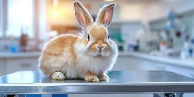 Fluffy Rabbit On Examination Table In Veterinary Clinic. Rabbit Receiving Medical Checkup In Professional Setting photo