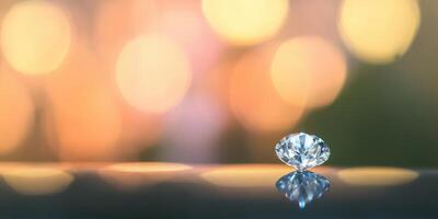 Sparkling diamond on reflective surface against soft bokeh light background photo