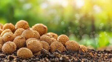 Pile Of Wet Seeds On Soil With Blurred Green Background. Nature'S Growth And Renewal photo