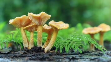 Mushrooms With Dew On Forest Floor. Nature'S Delicate Balance In A Lush Green Environment photo
