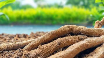Close-Up Of Tree Roots In Soil With Blurred Green Background. Nature'S Resilience And Growth In Focus photo
