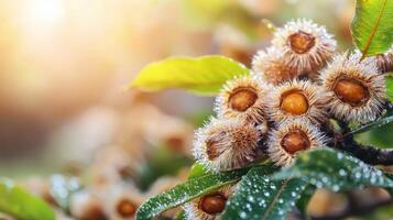 Chestnuts In Spiky Shells On Tree Branch With Dew. Autumn Harvest And Nature Bounty. photo