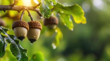 Acorns On Oak Tree Branch With Dewdrops In Sunlight. Nature'S Renewal And Growth photo