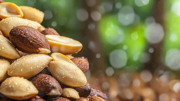 Close-Up Of Wet Almonds With Blurred Green Background. Fresh Almonds With Water Droplets, Symbolizing Natural Freshness photo